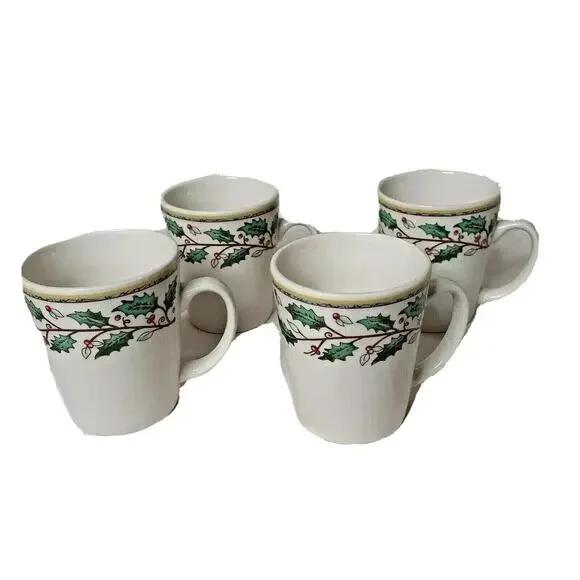 Gibson Everyday China Coffee Mug GID141 Yellow Bands Holly Berries Set of